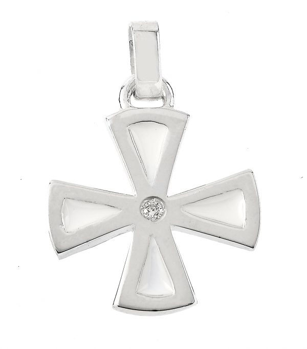 Croce Greca in argento e diamnte con smalto di cottura panna