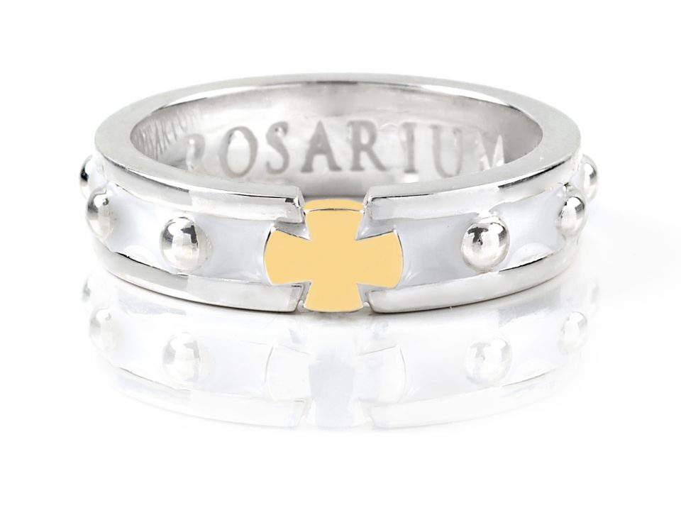 ANELLO DECINA RELIGIOSO ROSARIO LEGA METALLO ARGENTATO CON CROCE Misura ø 17 - Foto 3
